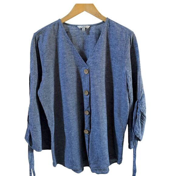 Linen Blend By Hester & Orchard Linen Blend V Neck Tunic with Sleeve Tie M NWOT - Picture 2 of 15